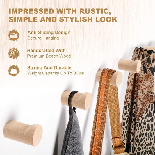 Natural Wood Wall Hooks (6-Pack, Beech Wood)