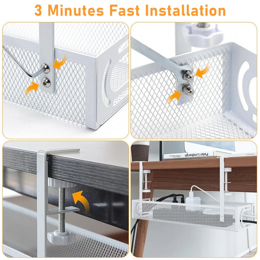 Under Desk Cable Management Tray (White, No-Drill)