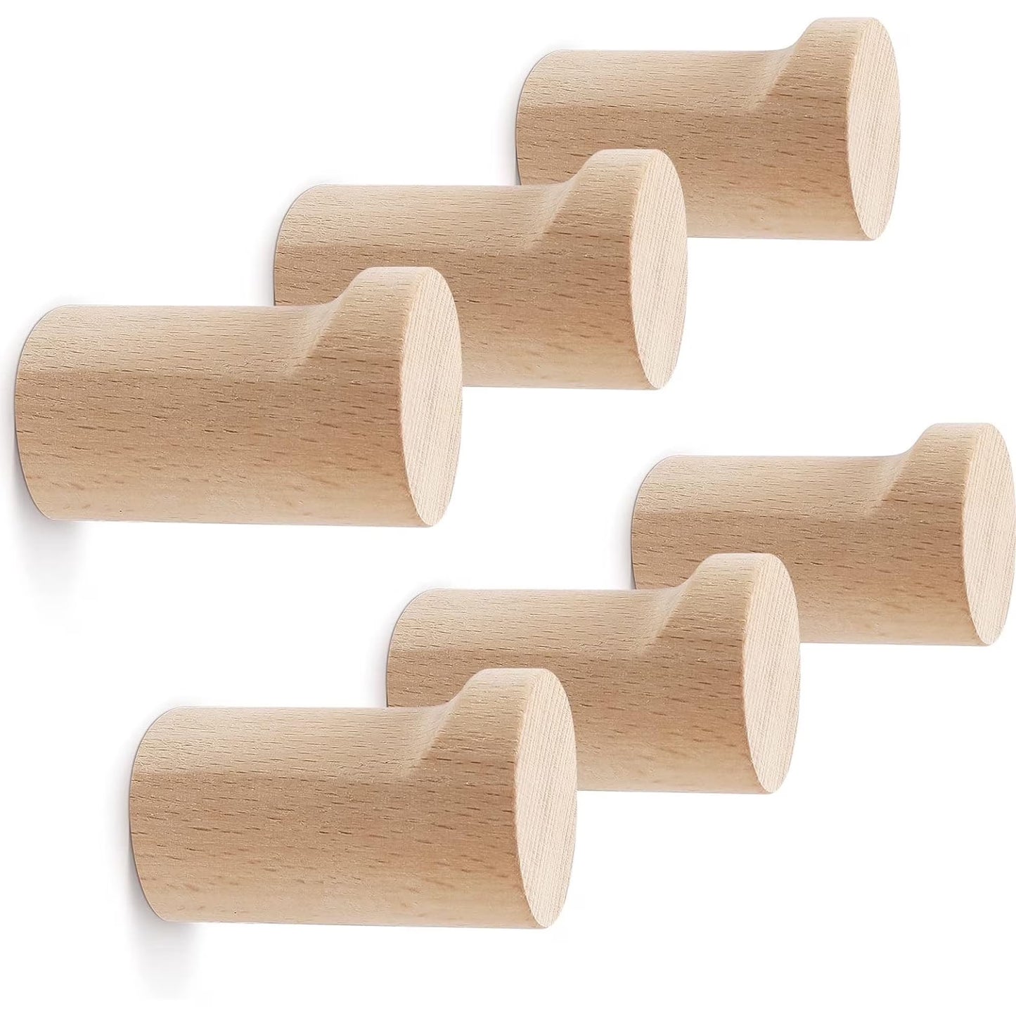 Natural Wood Wall Hooks (6-Pack, Beech Wood)