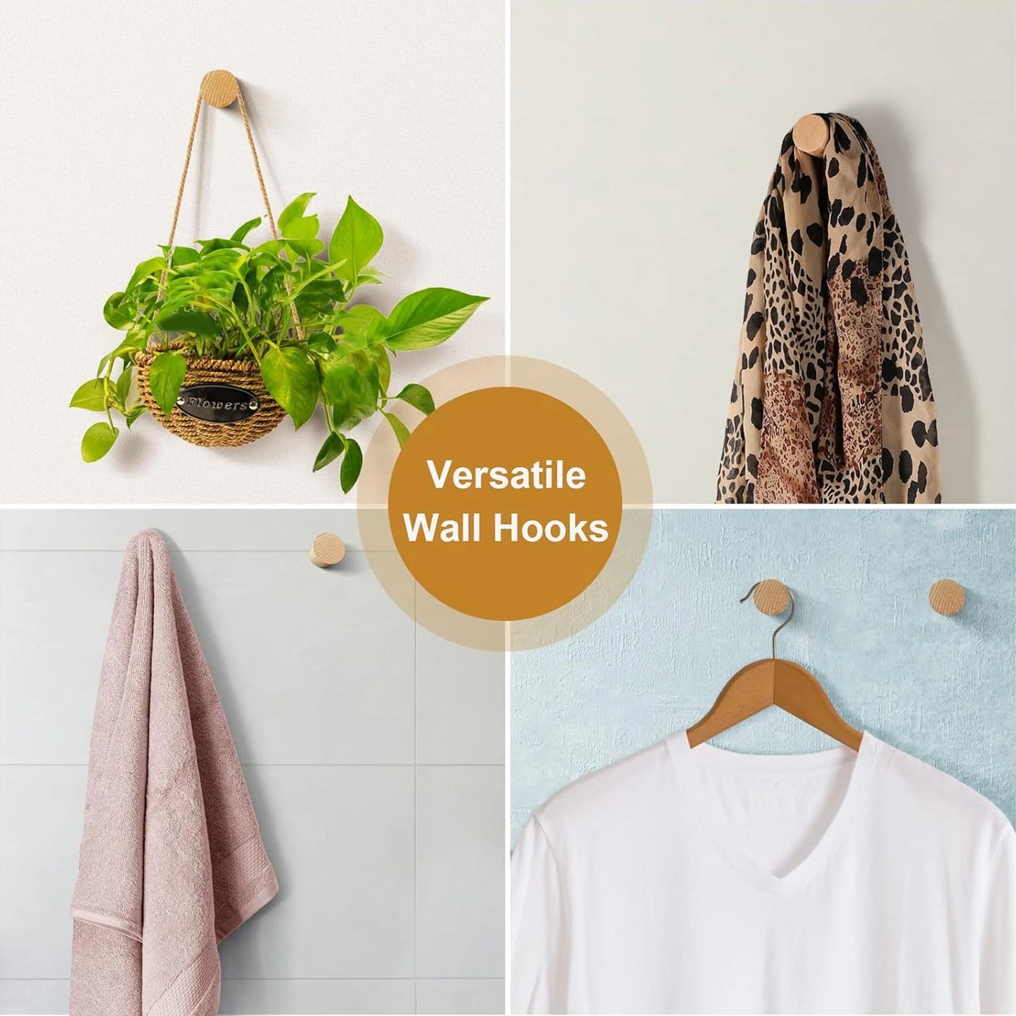 Natural Wood Wall Hooks (6-Pack, Beech Wood)