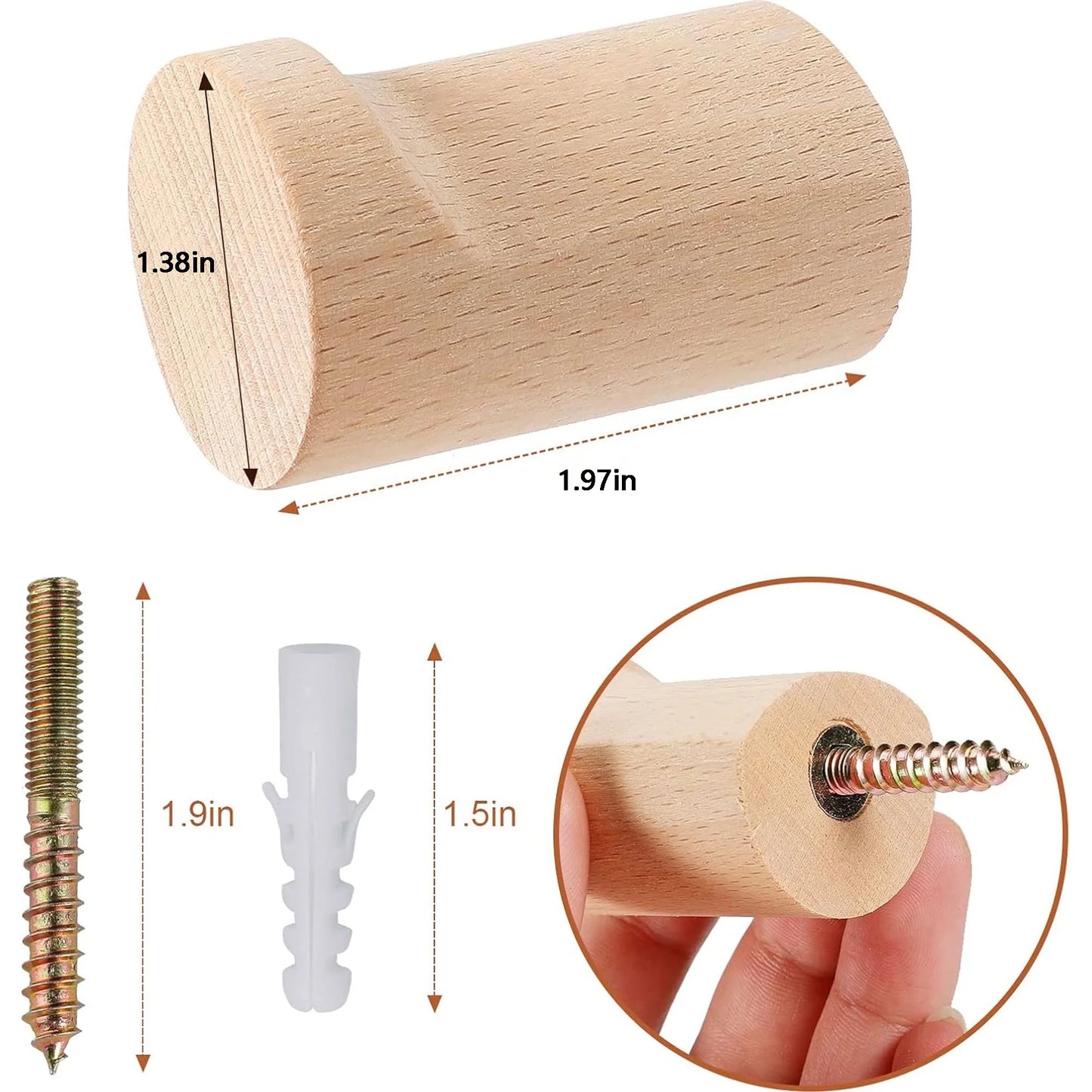 Natural Wood Wall Hooks (6-Pack, Beech Wood)
