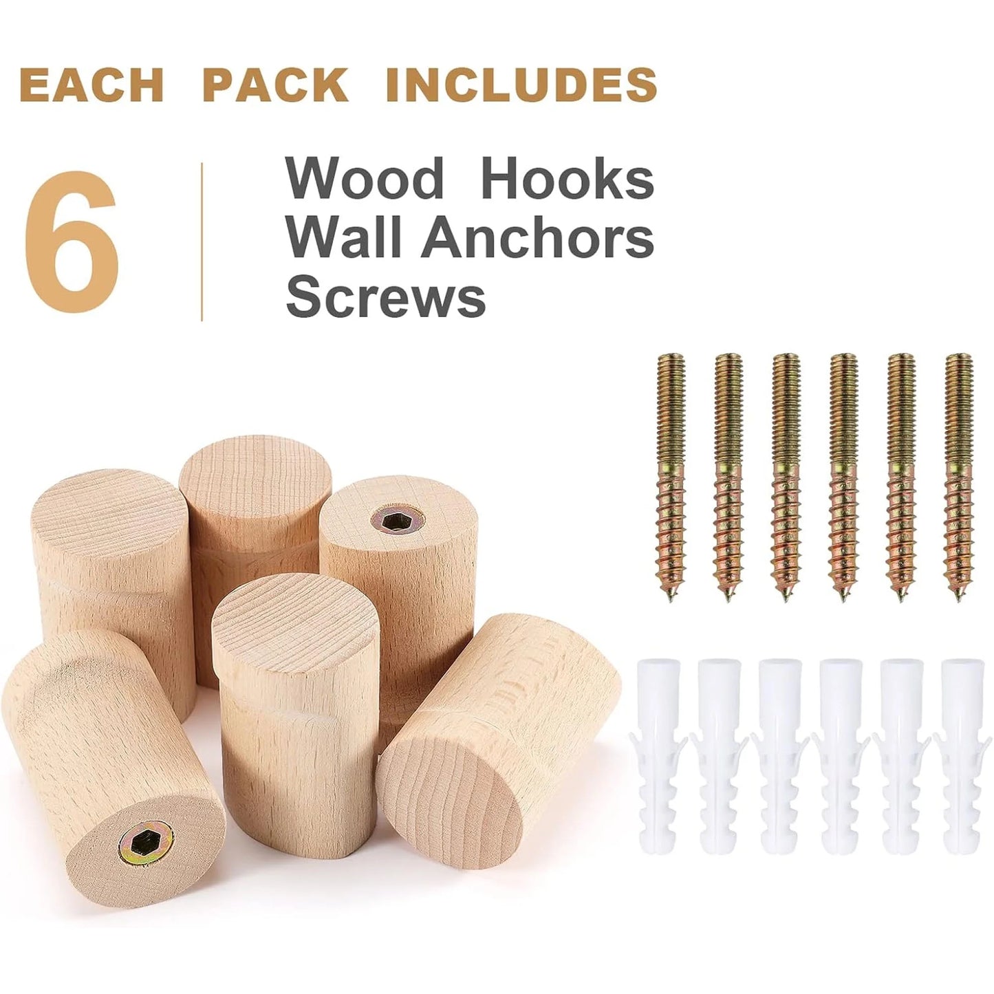 Natural Wood Wall Hooks (6-Pack, Beech Wood)