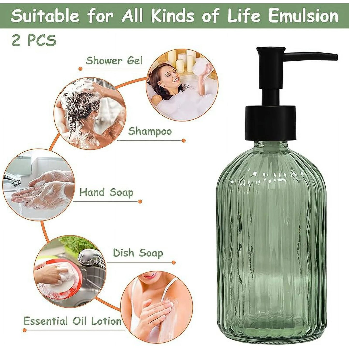 Green Glass Soap Dispenser Set (13.5oz, 2-Pack)